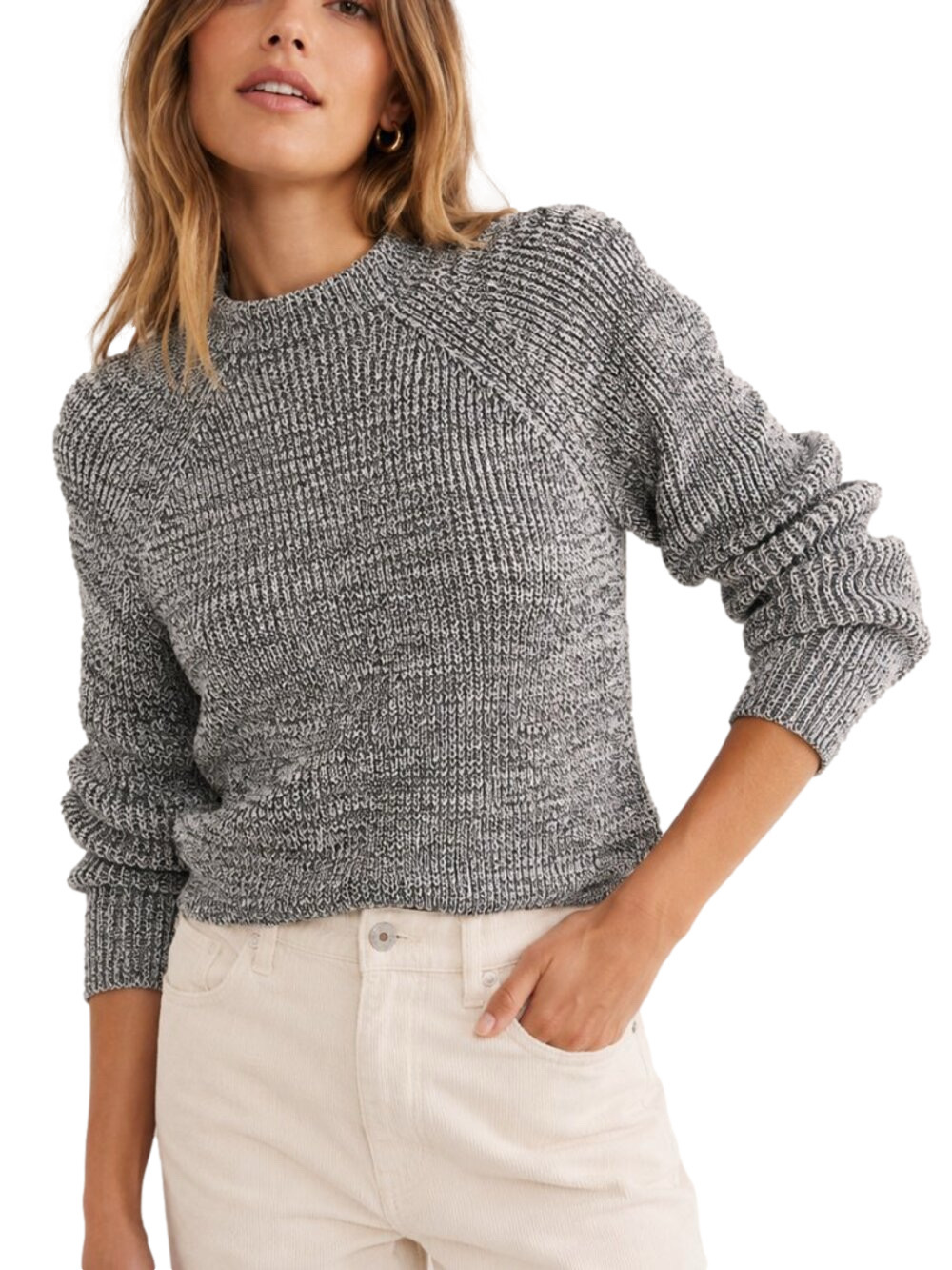 Free People Too Good Pullover Sweater XS Black White Marled Mock Neck Knit